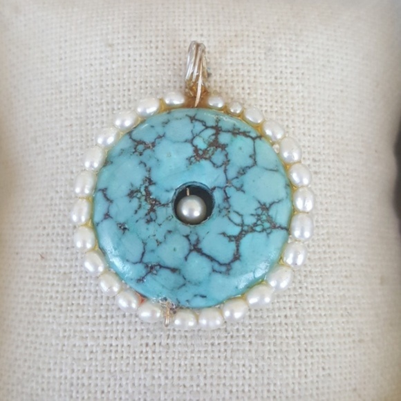 Circular Pendant Handmade Turquoise Pearl  Eclectic Jewelry Semi-precious - Picture 1 of 2